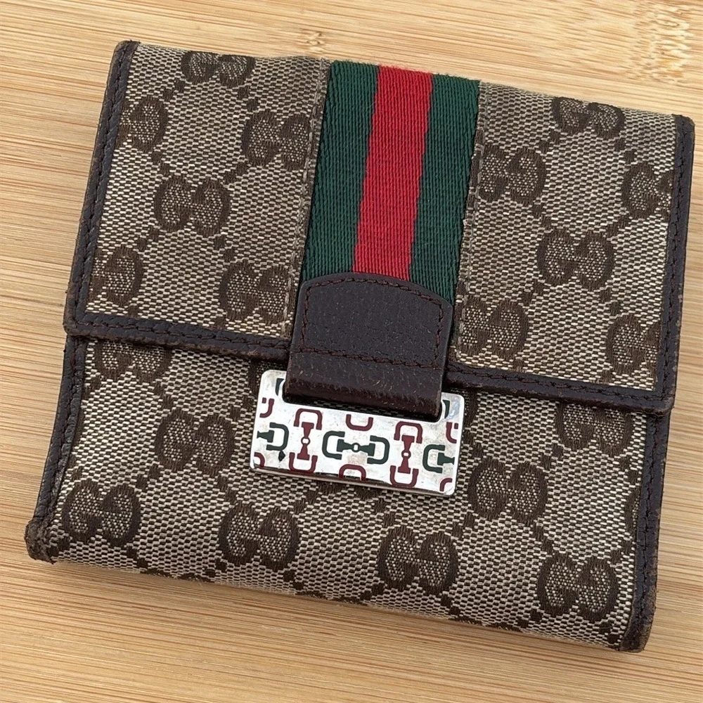 Gucci Vintage Sherry Bifold Wallet Brown Leather GG Logo Canvas Italy Unisex - Picture 1 of 16